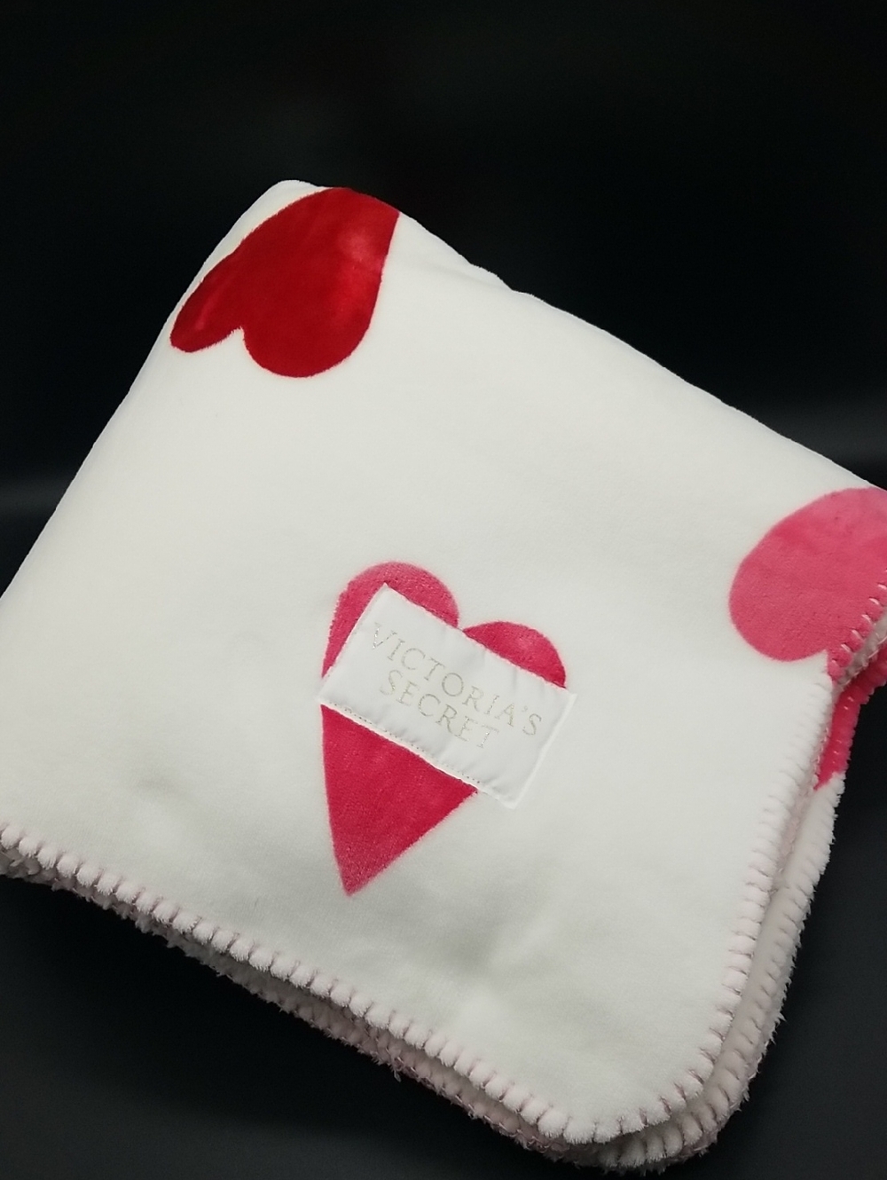 Victoria's Secret White with Pink and Red Hearts Sherpa Throw Blanket